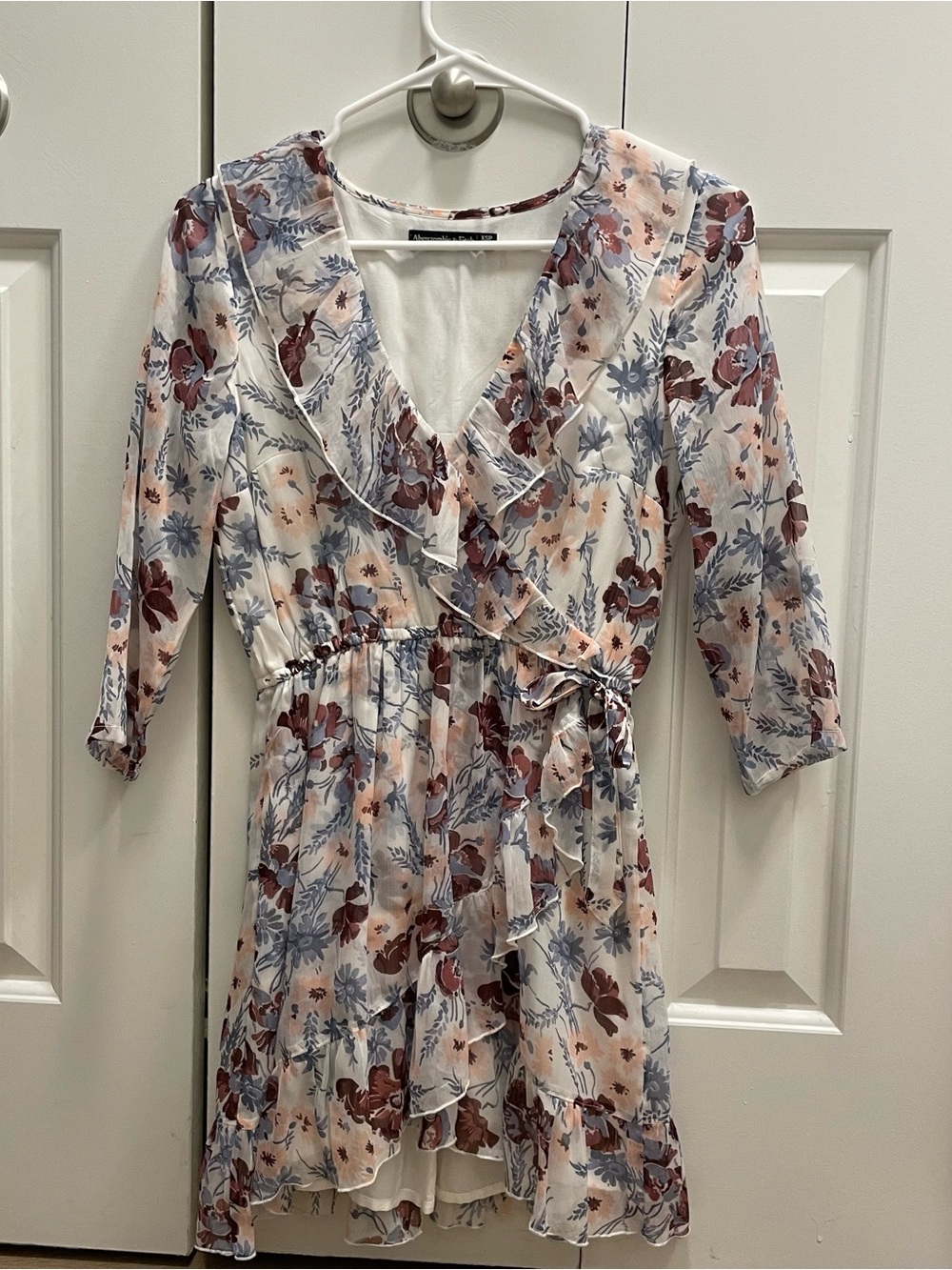 Abercrombie & Fitch Floral Wrap Mini Dress in Cream, Dusty Rose & Muted Blue